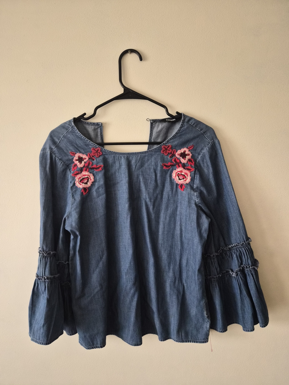 Denim Blue Embroidered Bell-Sleeve Top